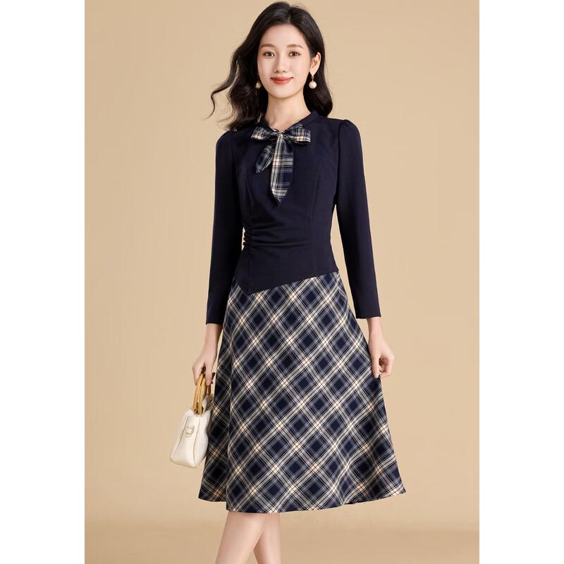 

Elegant Plaid Bow Faux Two-Piece A-Line Dress XL