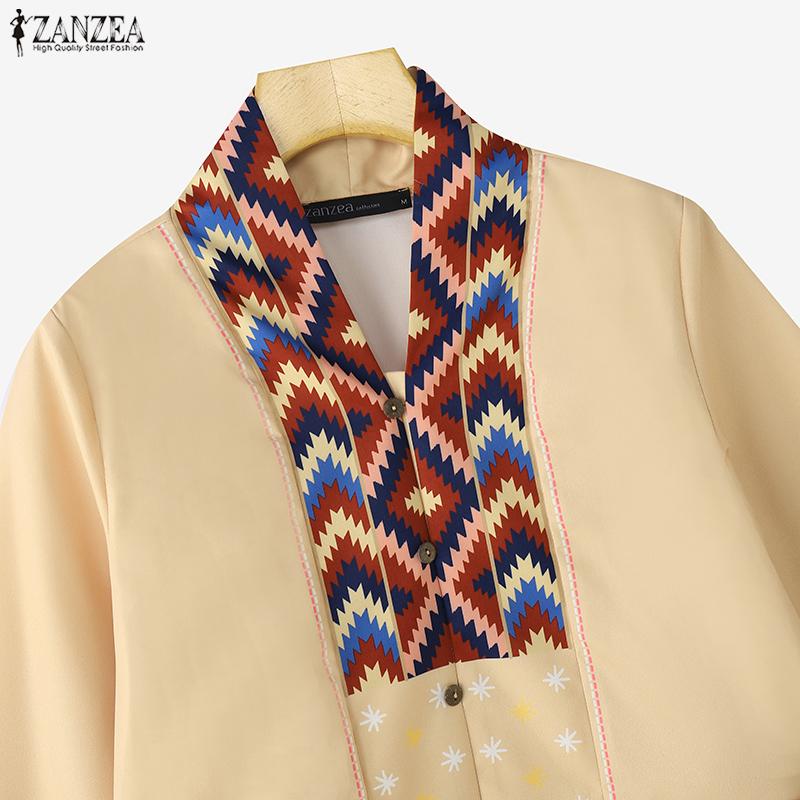 ZANZEA Women Ethnic Print Casual V-Neck 3/4 Sleeve Loose Blouse