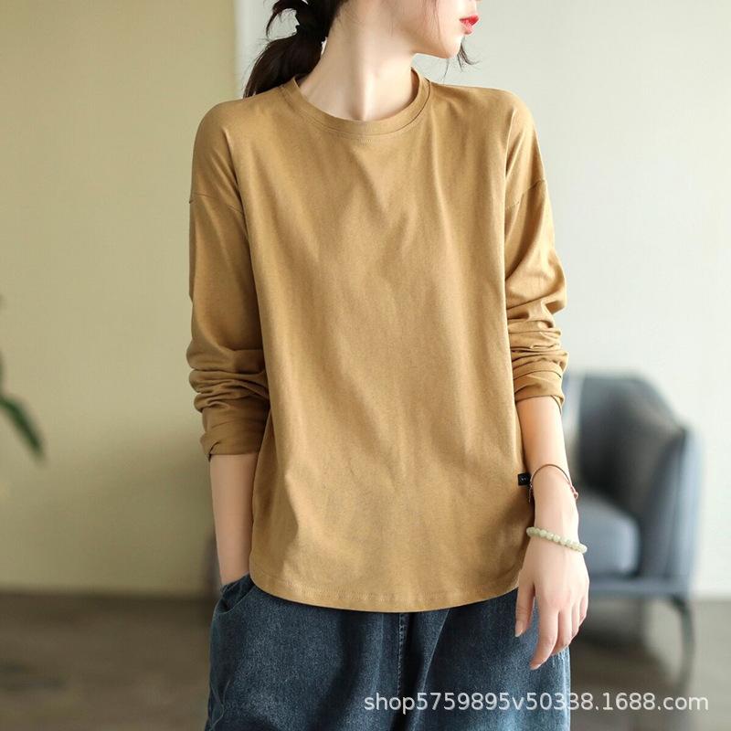 Solid Color Early Autumn Base Shirt for Women 2026 New Round Neck Versatile Long Sleeved T-shirt for Women's Top