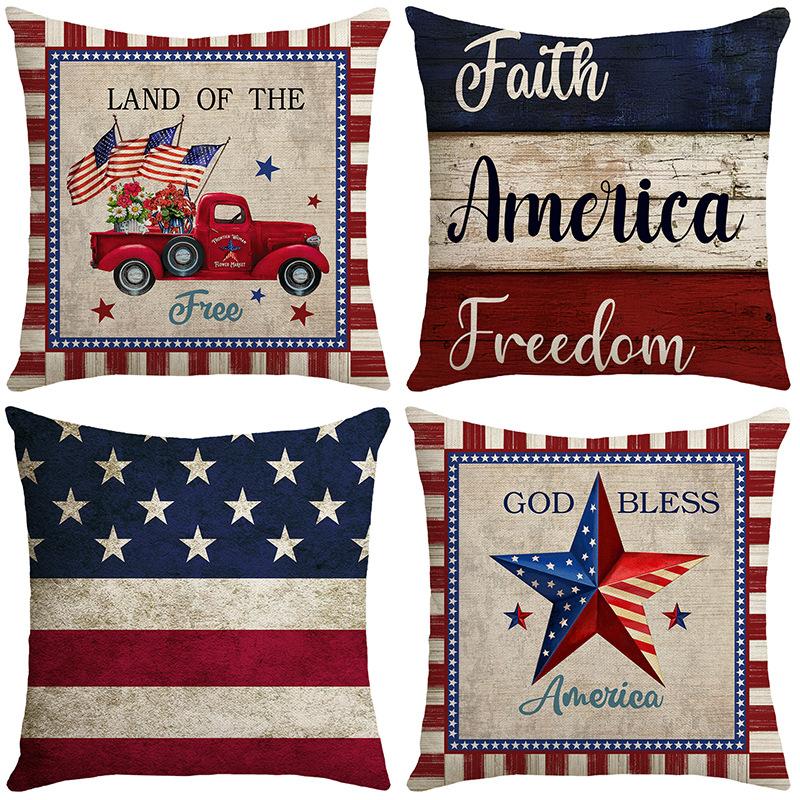 Independence Day Flag Four-piece Set, Linen Material, Home Cushion Cover, Five-pointed Star, Blue, White and Red Striped Letter Print