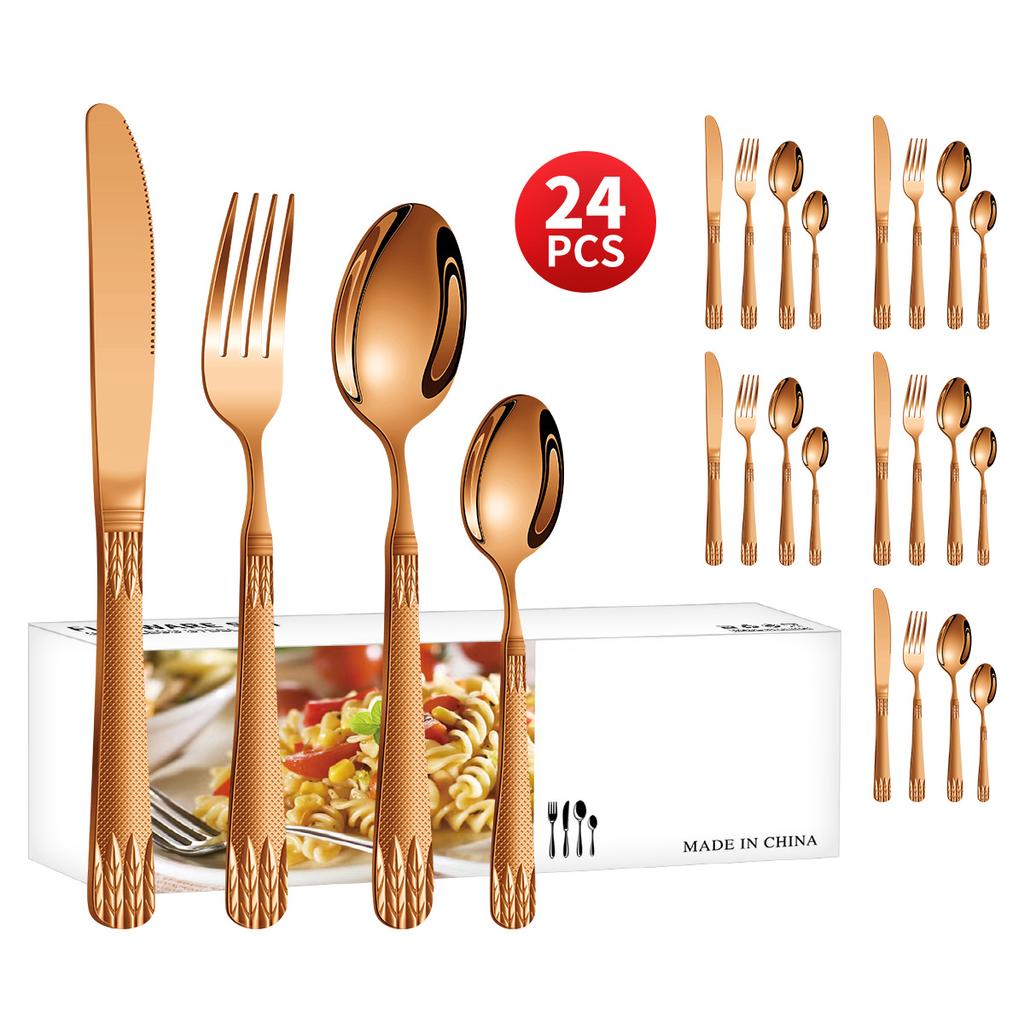 Stainless Steel Embossed Handle Western Food Hotel Tableware Knife, Fork and Spoon Dessert Spoon 24 Pieces Suit