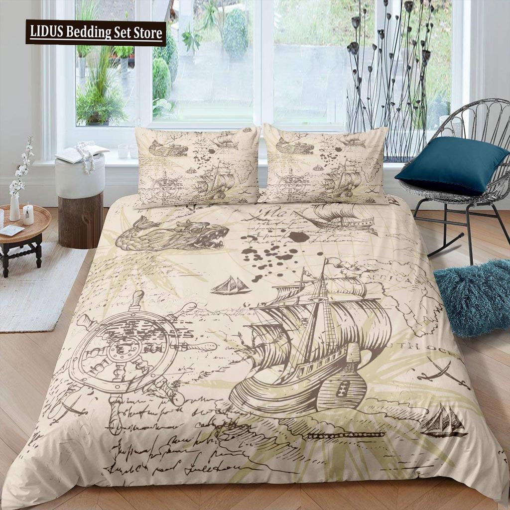 Nautical Duvet Cover Set Boat Pirate Bedding Set King Size Retro Sailboat Brown Comforter Cover Anchor Compass Vintage Quilt Set