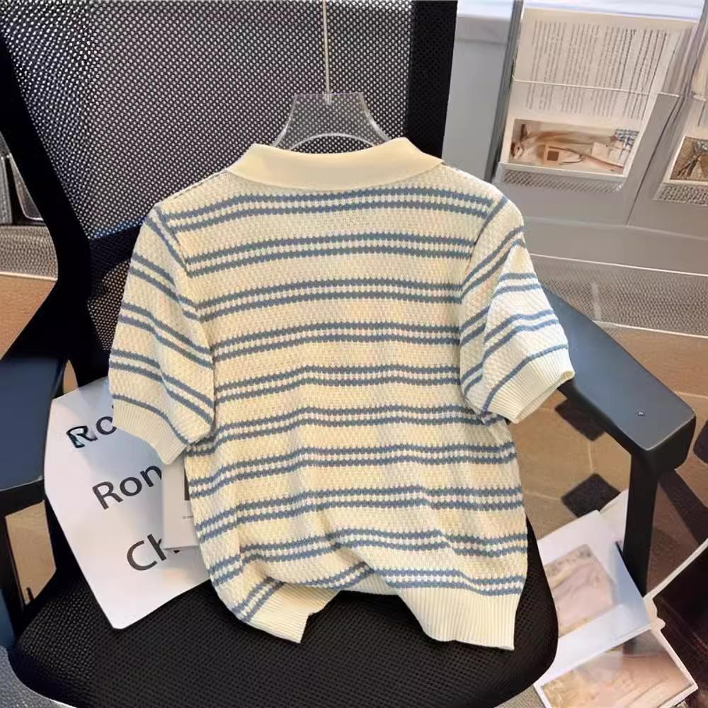 Ice silk short-sleeved t-shirt women's new summer thin design niche striped Polo neck knitted sweater top