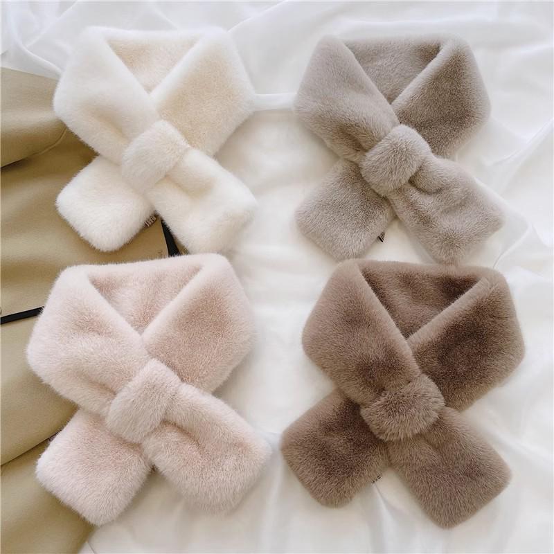 Women's Cute Korean Style Furry Scarf - Soft Plush Neck Warmer Faux Rabbit Fur Collar for Winter