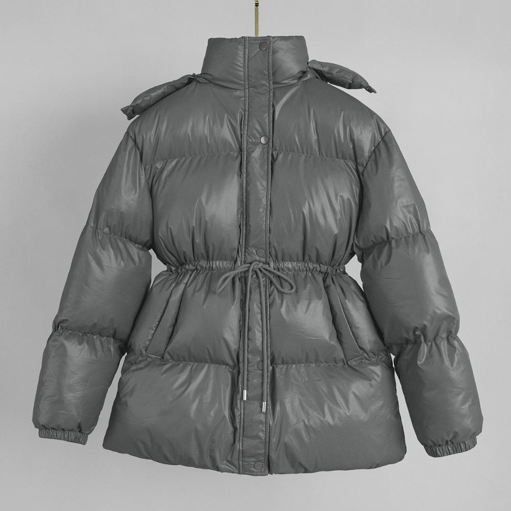 Women's Stand Collar Drawstring Waist Puffer Coat Detachable Hood Long Sleeve Polyester Warm Winter Cotton Jacket