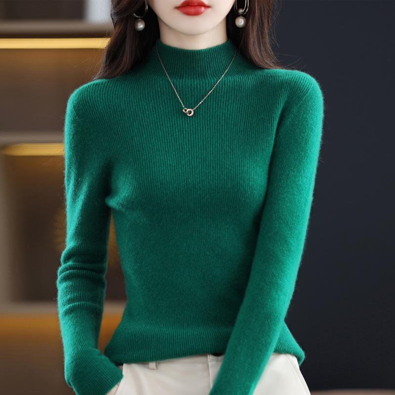 Women's Slim-Fit Korean Style 100% Wool Sweater, Half-High Neck Knit Base Layer for Autumn/Winter