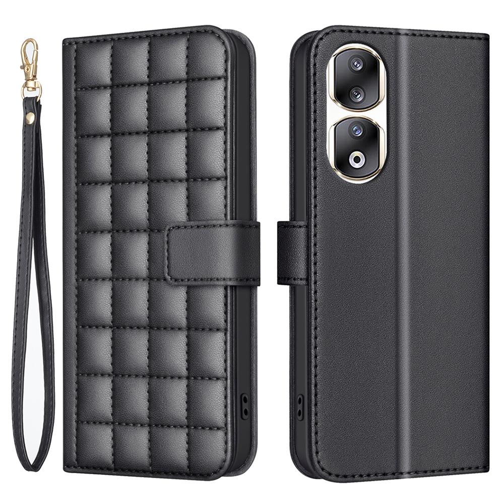 

For Honor 90 Pro Wallet Case Square Grid Leather Stand Cover Black