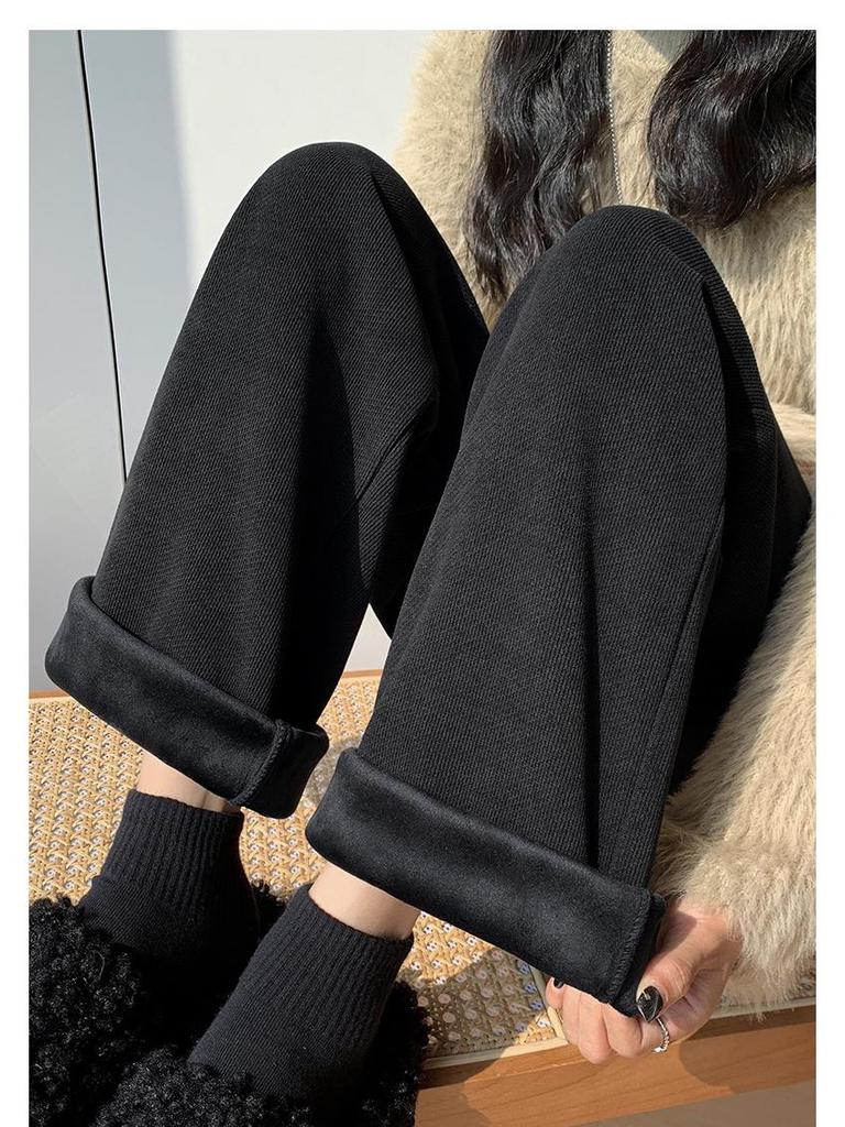 Women's Beige High-Waisted Wide-Leg Knitted Slim-Fit Trousers for Spring and Autumn, Fleece-Lined for Winter