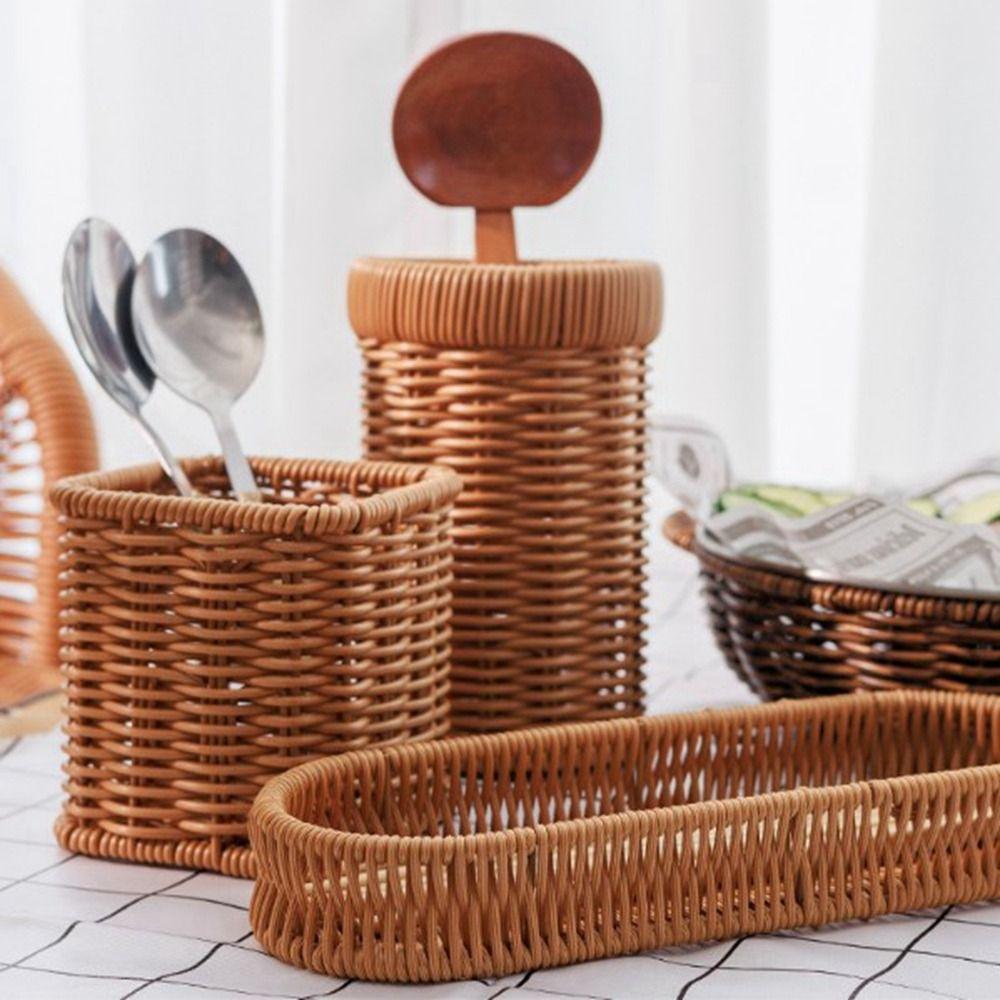 Hardness Rattan Wicker Woven Serving Baskets Handwoven Household Drain Chopstick Fork Spoon Holder 7 Styles Rattan Basket