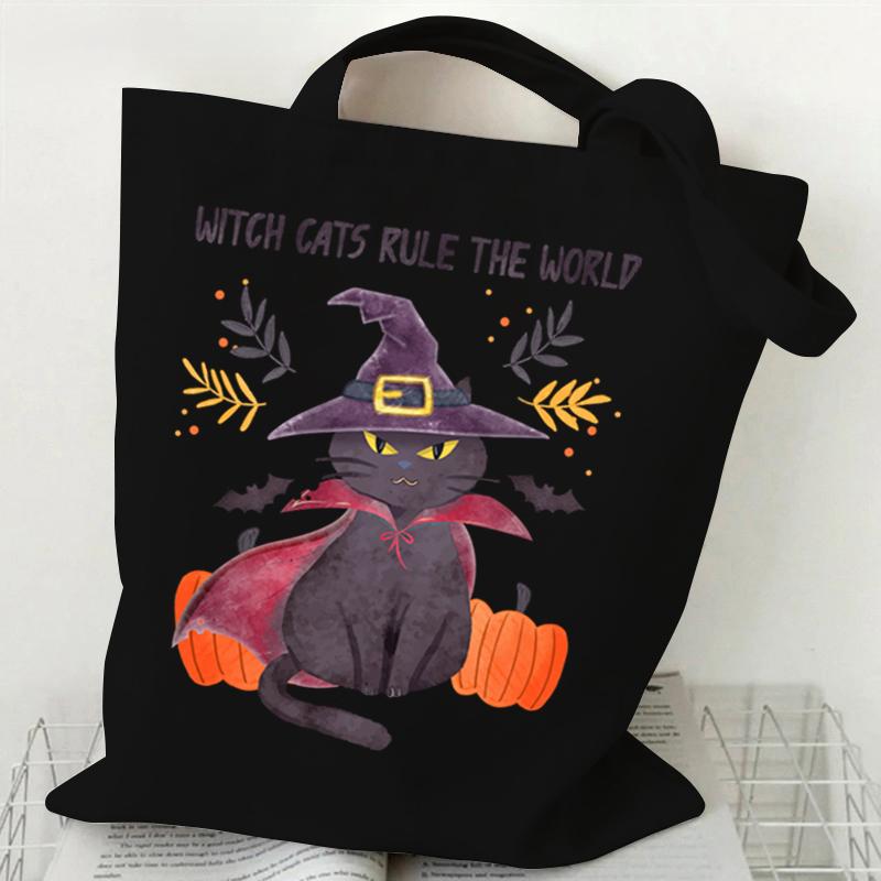 Cat Tote Bag Gothic Black Cat Shopper Halloween Party Gift Shopping Bag Spooky Seasonal Fun Animal Women's Tote Bag