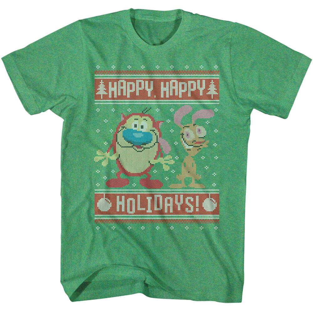Ren Stimpy Happy Happy Holidays 8 bit Snowflakes Banner Men T Shirt S