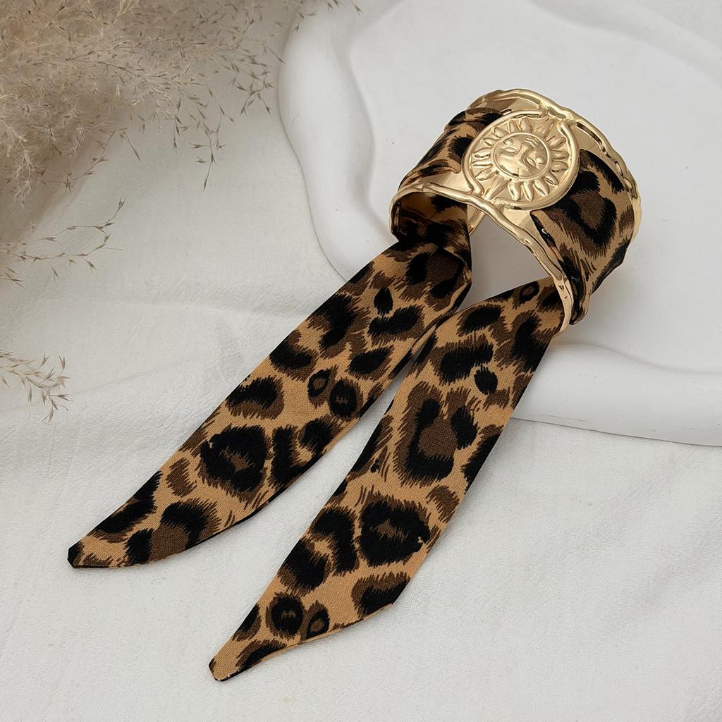 2026 Leopard Print Silk Scarf Cuff Bangles Polka Dot Ribbon-Wrapped Metal Wide Bracelet Retro Adjustable Ethnic Style Wristband