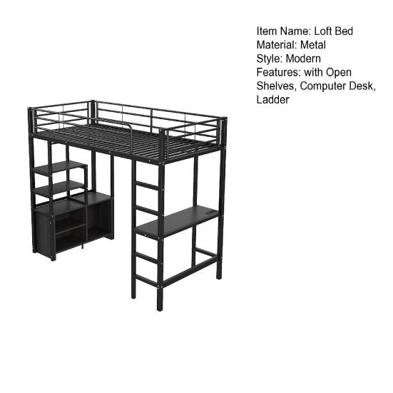 Metal Bed Loft Bed 90x200cm No Mattress with Desk Socket And USB Children Multiple Shelves Open Storage Cabinet Railing Ladder Iron