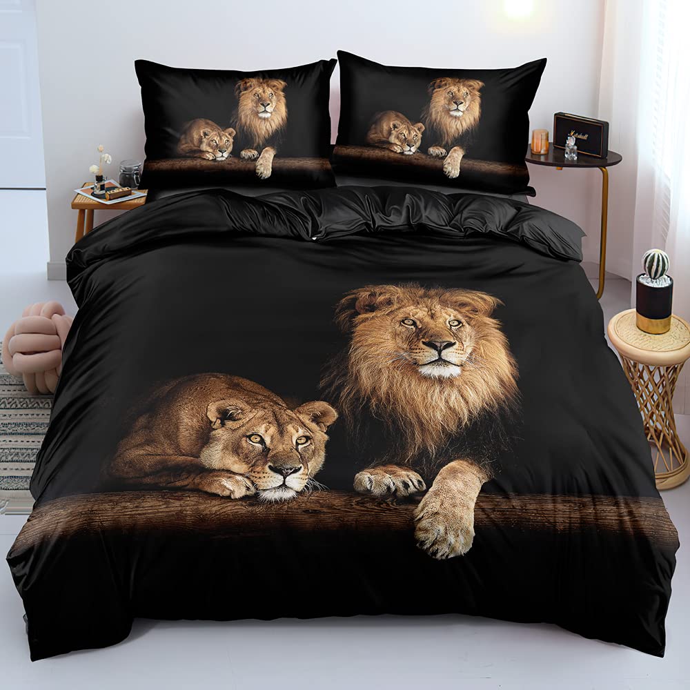Lion Duvet Quilt Cover Sets Wild Animal Bedding Sets Pillow Shams King Queen Twin Full Size Boys Kids Girl Bedroom Decor 3PCS