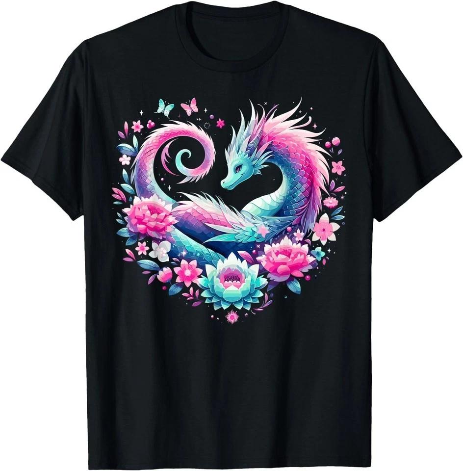Fantasy Cute Dragon Heart Flowers T-Shirt S