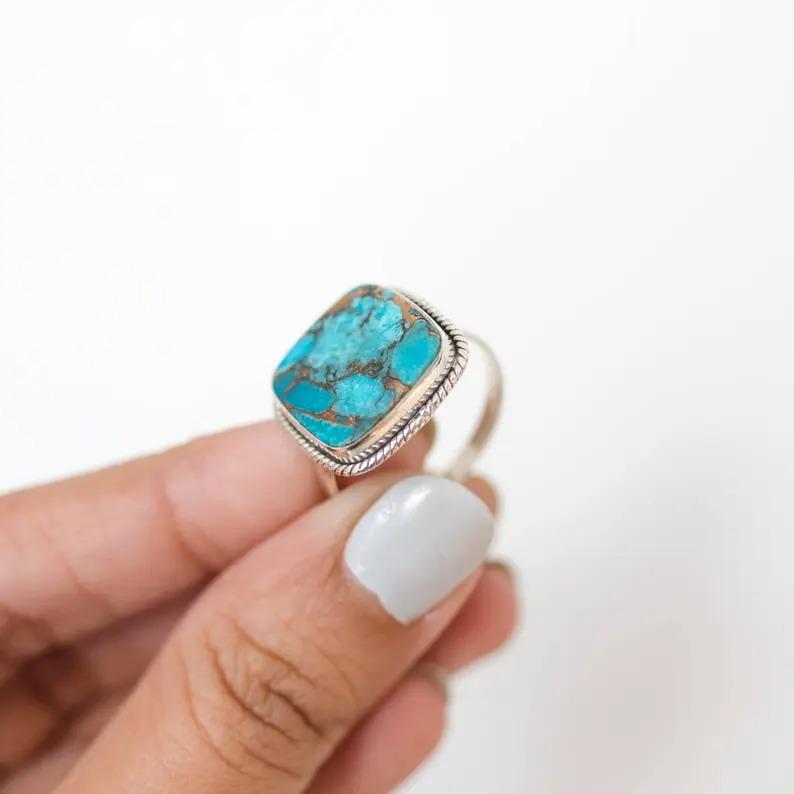 Lab Türkis Edelstein Ring, Massiver 925 Sterling Silber Ring, Geschenk für Sie, Boho Ring, Massiver Silber Ring, handgefertigter Schmuck