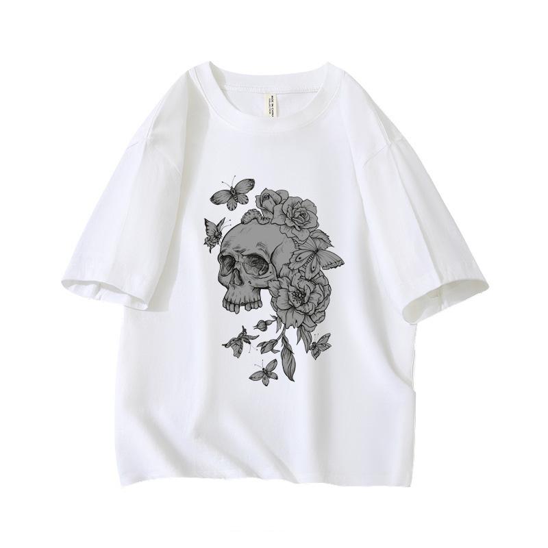 Gothic Floral Skull Aesthetic Oversized Short Sleeve O Neck T Shirt Graphic Print 100 Cotton Vintage Women Tops clothes Summer