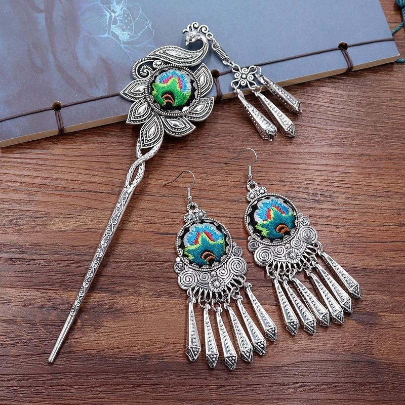 Vintage embroidery earrings hairpin classical temperament Miao peacock flower fringed earrings hair accessories set women