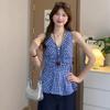 Korean V-neck plaid inner and outer sling vest women's clothing summer waist versatile pleated slim sleeveless top