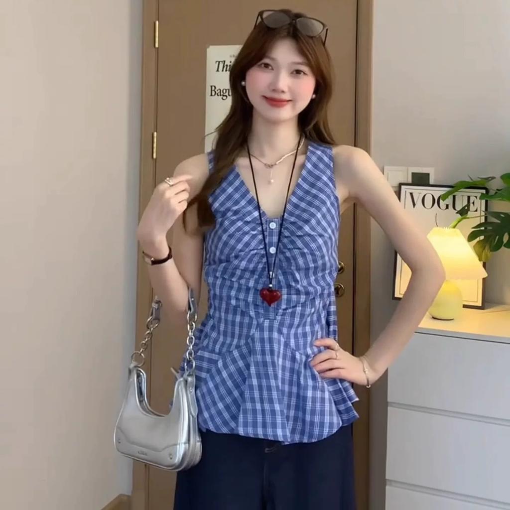 Korean V-neck plaid inner and outer sling vest women's clothing summer waist versatile pleated slim sleeveless top