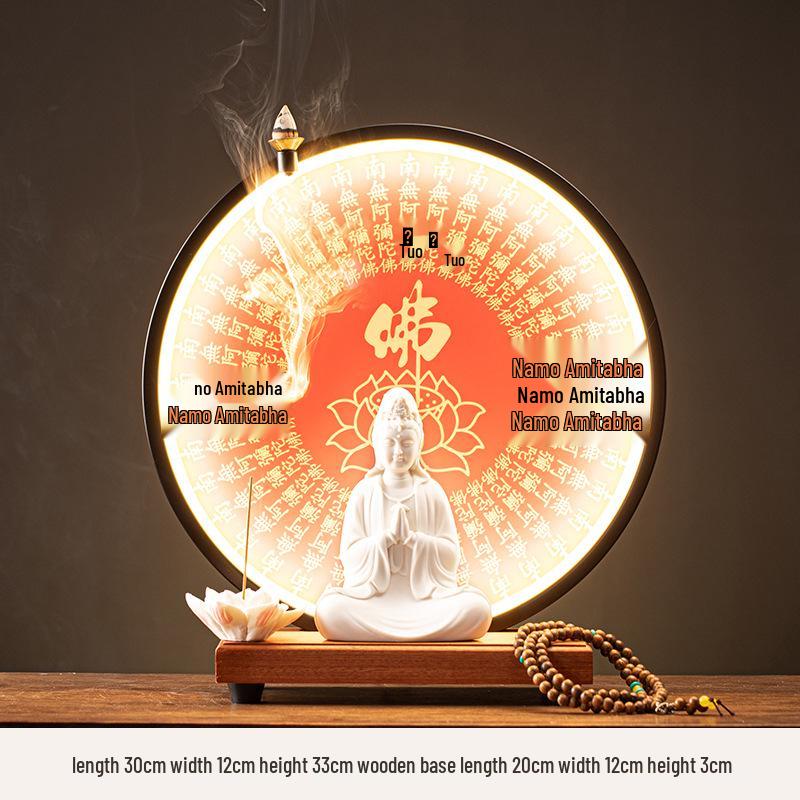Ceramic Seated Guanyin On Lotus with Light Ring and Anjali Mudra for Home Decor
