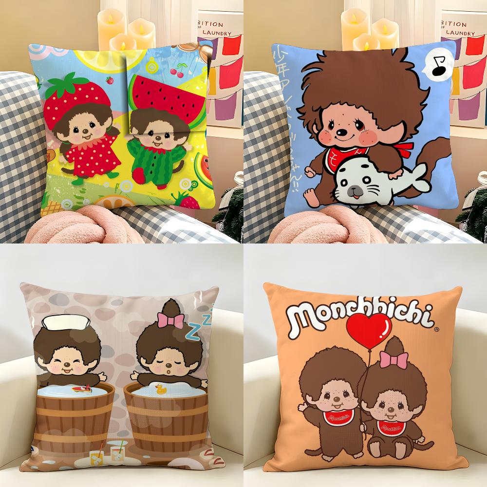 MMonchhichi Cute Cushion Cover Natural Linen Organic Fabric DoubleSided Printing Room Sofa Decor Pillow Case