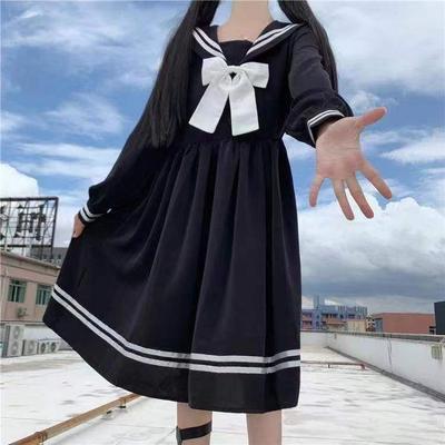 Šaty Dámské Mašle Patchwork Volné A-linie Módní Ke kolenům Roztomilé Empire Preppy Styl Ins Námořnický límec Japonské Univerzální Černé