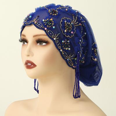 Muslim Lace Pearls Hat Caps Mesh Fabric Bead Tube Paired With An Acrylic Diamond Thread Embroidered Hat For Dubai Arabian Women