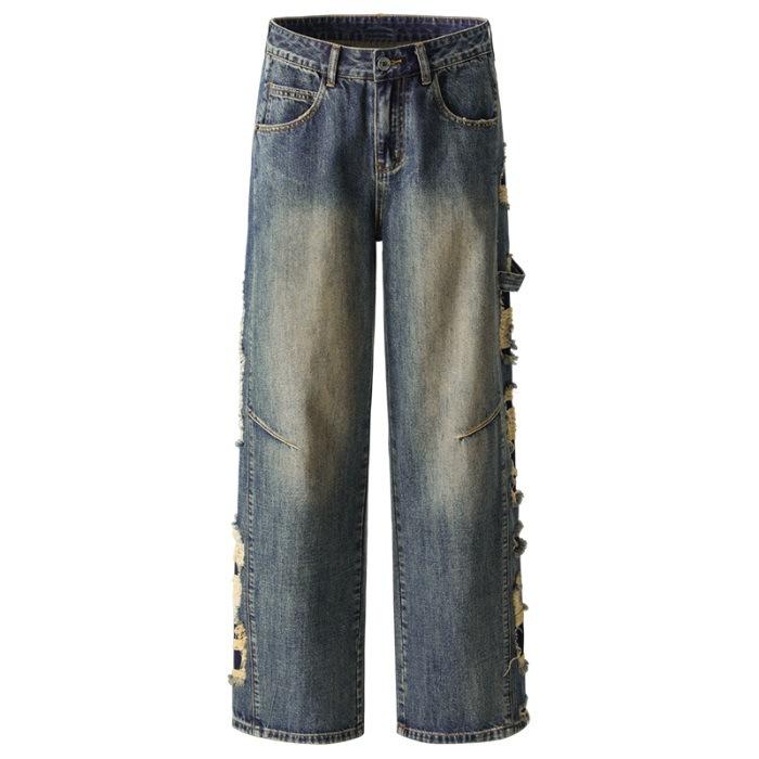 

Ретро Моющиеся Старые Джинсы Мужские и Женские Уличные Рваные Прямые Широкие Брюки 2XL синий