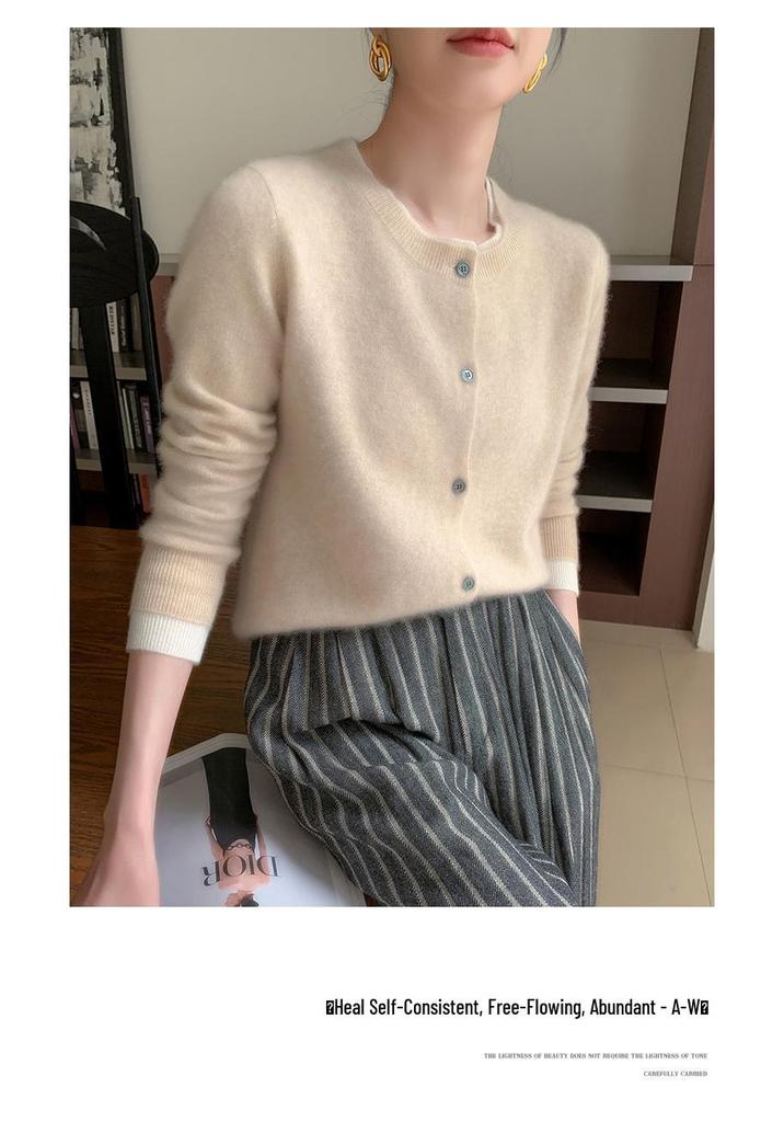 Color-Block Cashmere Cardigan: Women's Round Neck Loose Slimming Wool Knit Sweater for Autumn and Winter