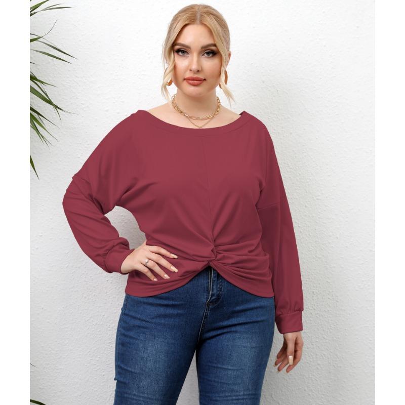 חולצה לנשים באביב ובסתיו עם שרוול ארוך במידות גדולות, צבע אחיד צלב לא סדיר חולצות קז'ואל נשים