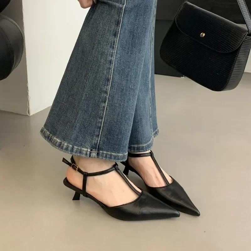 Fashion High Quality Low Small Heel Ankle Strap Women Pumps Sexy Pointed Toe Soft Leather High Heels Elegant Office Shoes Heeled Sandals