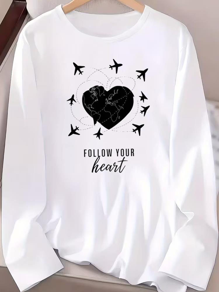 

(Asian Size) sweet leopard love trend Women T Shirt Tee Lady Printed Female Clothing Casual Fashion Top Long Sleeve Graphic T-shirts S