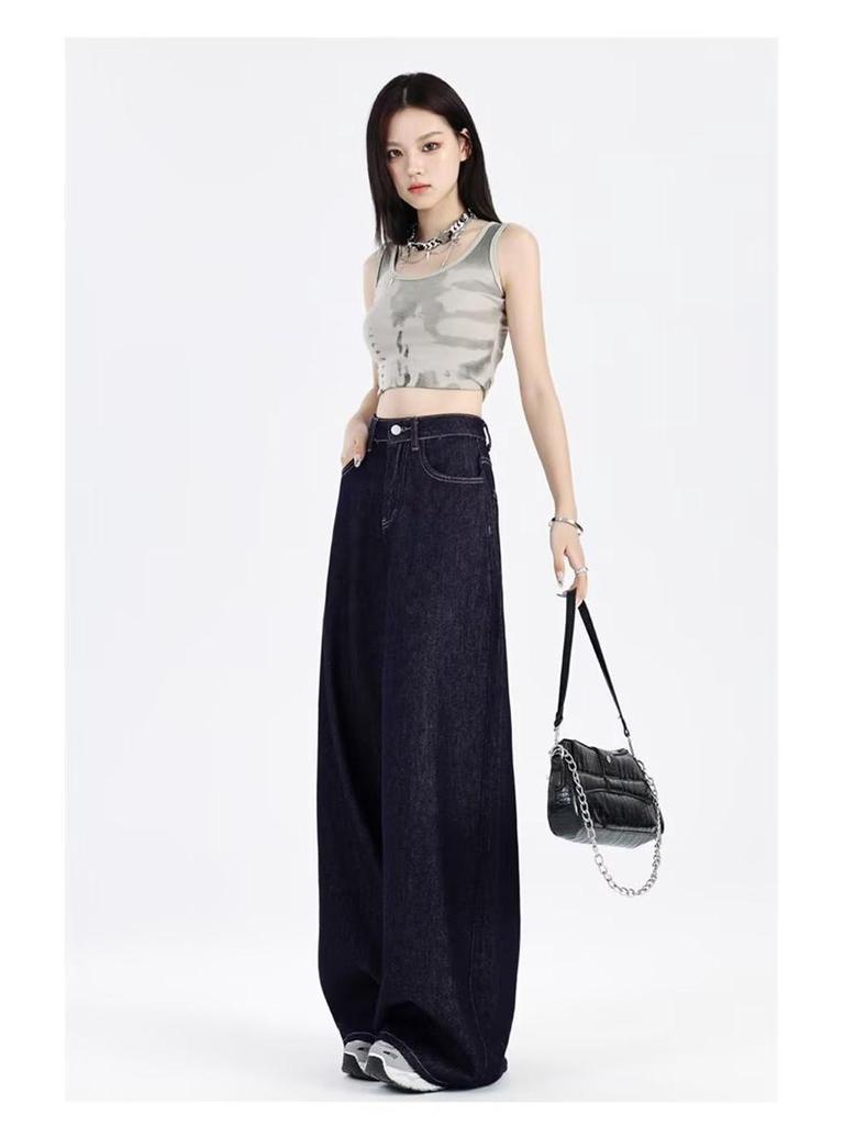 Women's American-Style Dark Blue Summer Jeans - Light, Straight-Leg, Loose Wide-Leg Pants