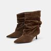 Stivali Invernali Nuovi da Donna Stivaletti da Donna Pieghettati Scarpe da Festa Marrone Retrò Tacchi Alti Eleganti Punta Appuntita Scarpe in Scamosciato da Donna