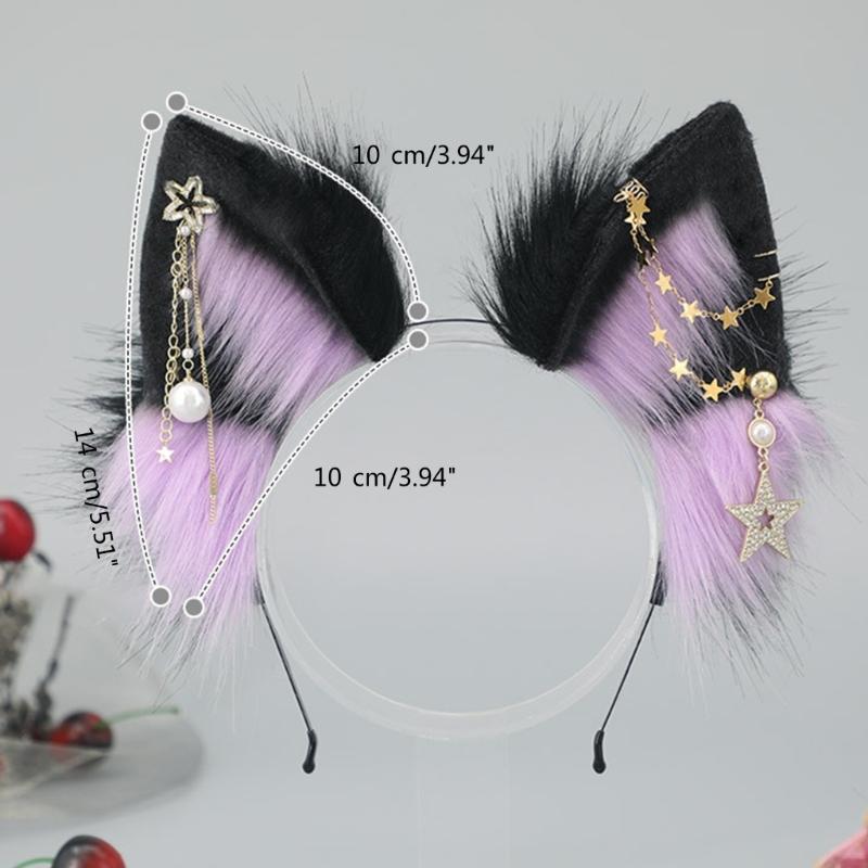 Wolf Ears Handmade Animal Furry Kitten Headband Star Tassels for Masquerade