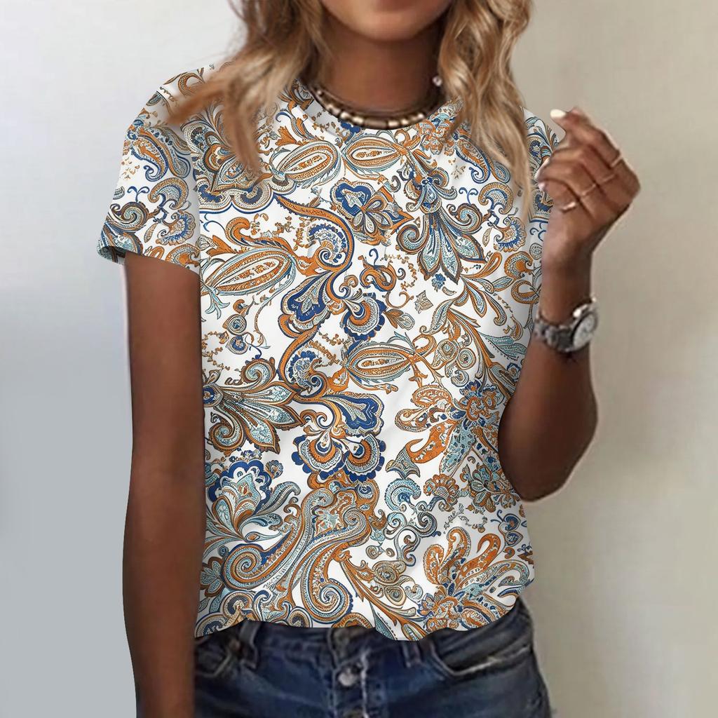 Women's Casual Loose Fit Short Sleeve Top Floral Paisley Print Lightweight Summer Blouse Comfortable Daily Wear