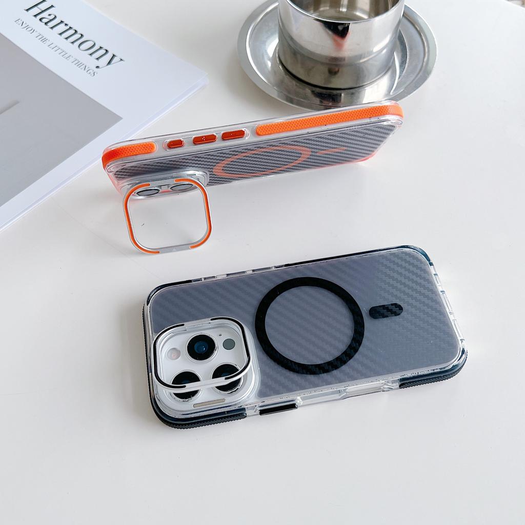 Applicable to iPhone17ProMax Xuncai carbon fiber pattern magnetic suction bracket mobile phone case Apple 16Pro anti-drop cover