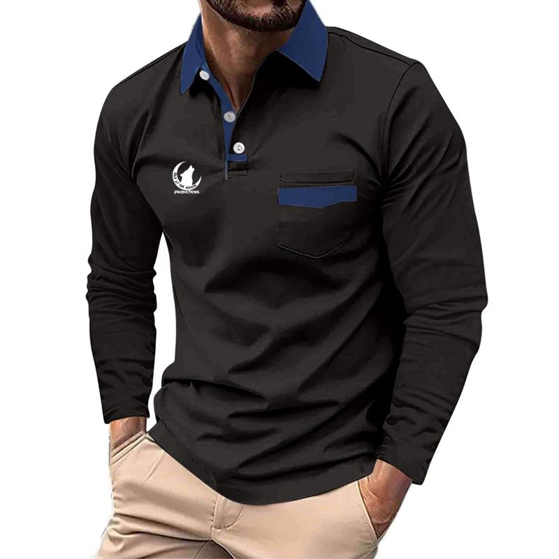 Pattern Print Autumn and Winter Men's Long Sleeved Lapel Polo Shirt Pocket Fashion Trend Men's Long Sleeved Top T-shirt