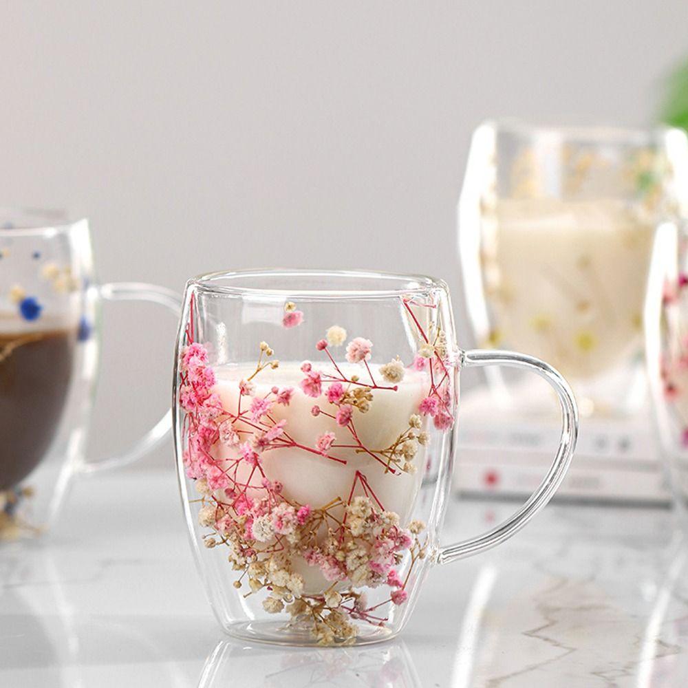 350ml Double Wall Glass Cup Heat Resistant Coffee Mug Elegant Dried Flowers Glass Mugs  Home&Office