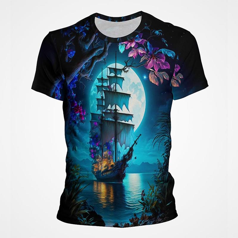 Segelboot Piratenschiff Grafik T-Shirts Herren 3D-Druck Kurzarm Tee Tops Lässig Herren Übergröße Streetwear T-Shirt Ropa Hombre