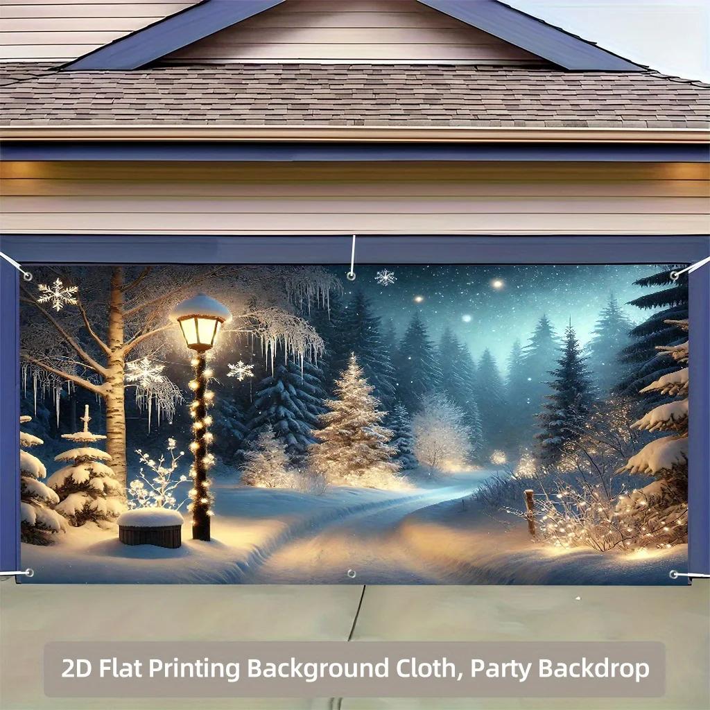 A backdrop a backdrop with illuminated streetlights in the snow for the garage scene 100% polyester banner