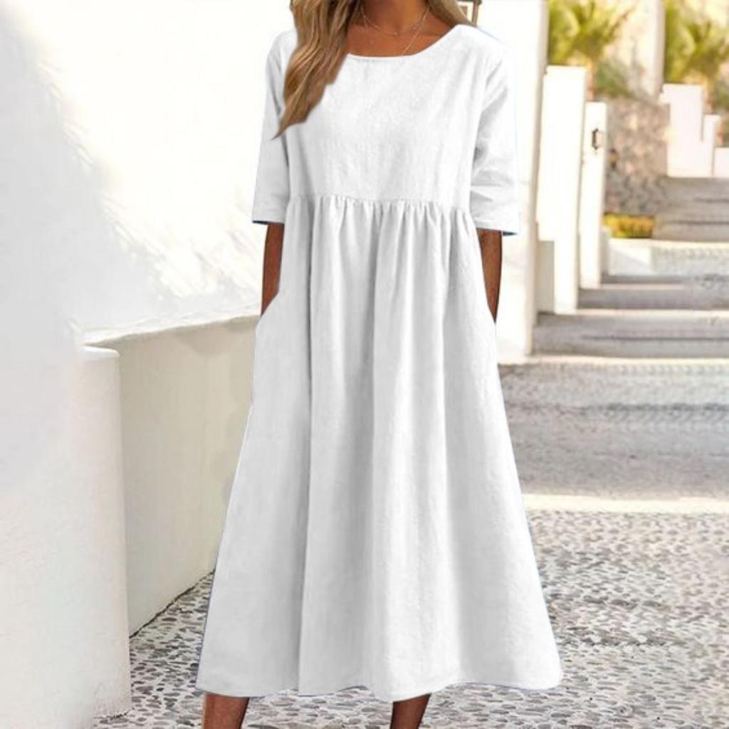Summer Cotton and Linen Casual Short Sleeve Pocket Pleated Loose O-Neck Dress