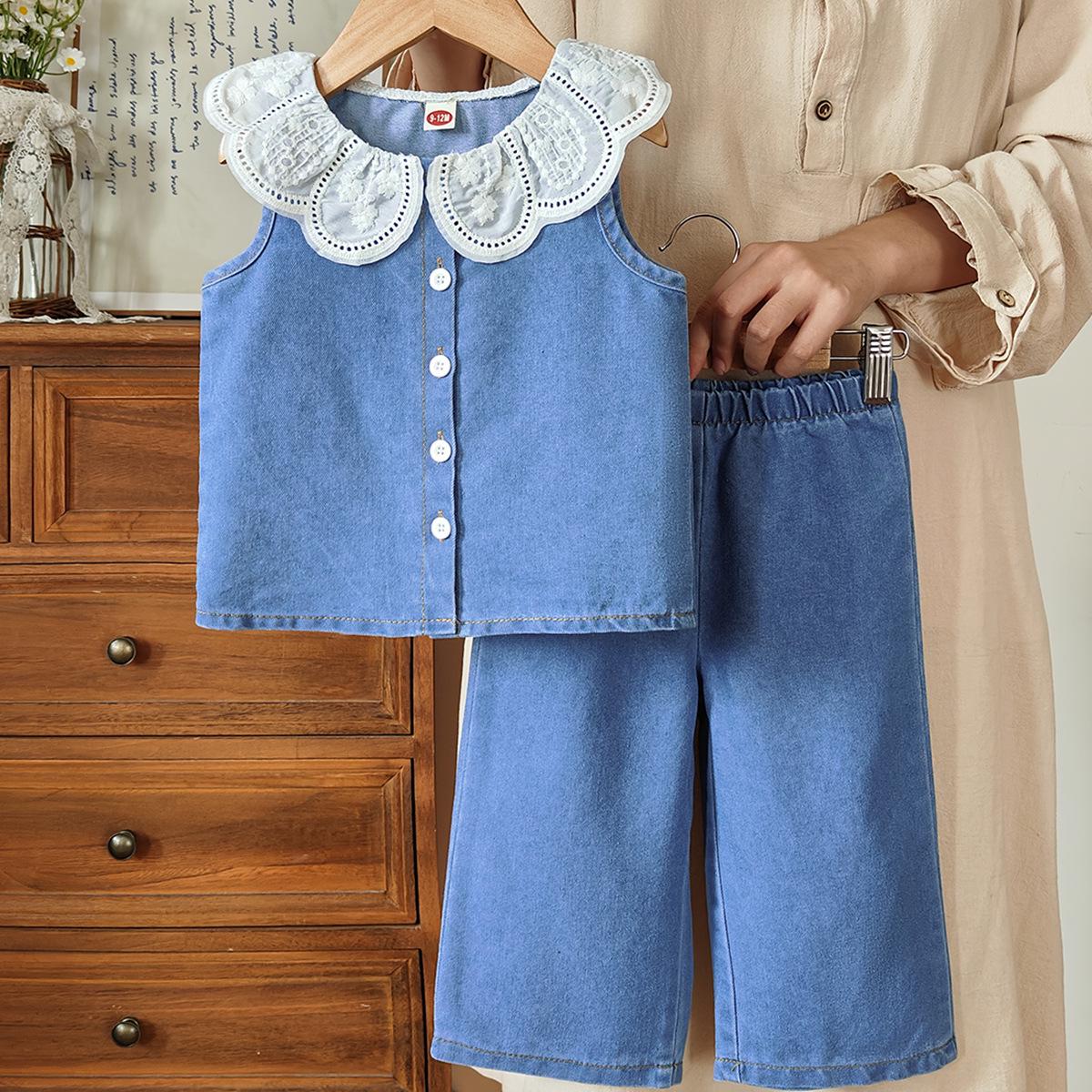 

2026 Stylish Summer Denim Set for Baby Girls - Doll Collar, Sleeveless Two-Piece 9-12 Months синий