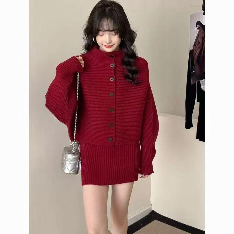 Autumn and winter new loose casual knitted turtleneck long-sleeved sweater women's cardigan top + skirt two-piece set
