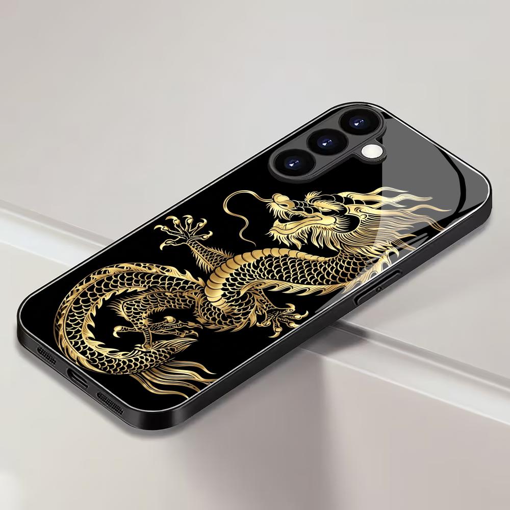 Golden Dragon Design Black Glass Phone Case Suitable for Samsung GalaxyS26 S25 S24 S23 S22 S20FE/Ultra/Plus Anti Drop Back Cover