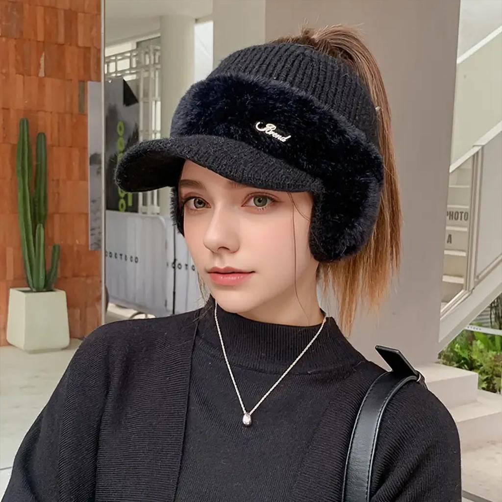 Ponytail Knitted Baseball Cap Warm Open-top Hat Women Autumn and Winter Thickened Cycling Cold-proof Ear-protecting Baseball Cap
