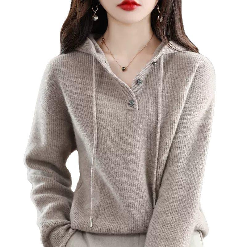 Autumn and Winter Women's Hooded Sweater Knitted Sweater Pullover Sweater Loose Fitting Hooded Base Sweater