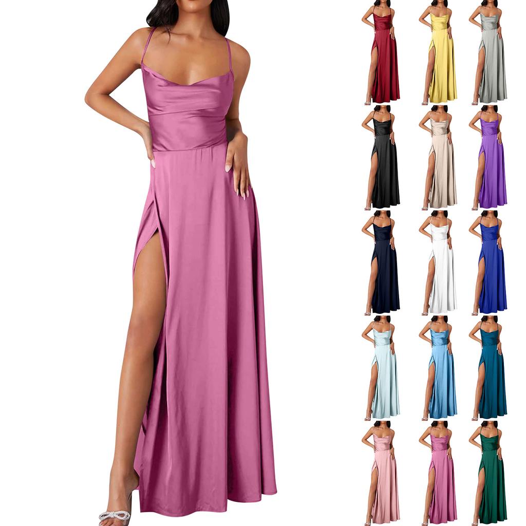 Women Summer Backless Long Satin Dress Cowl Neck Cross Spaghetti Strap Party Long Dress