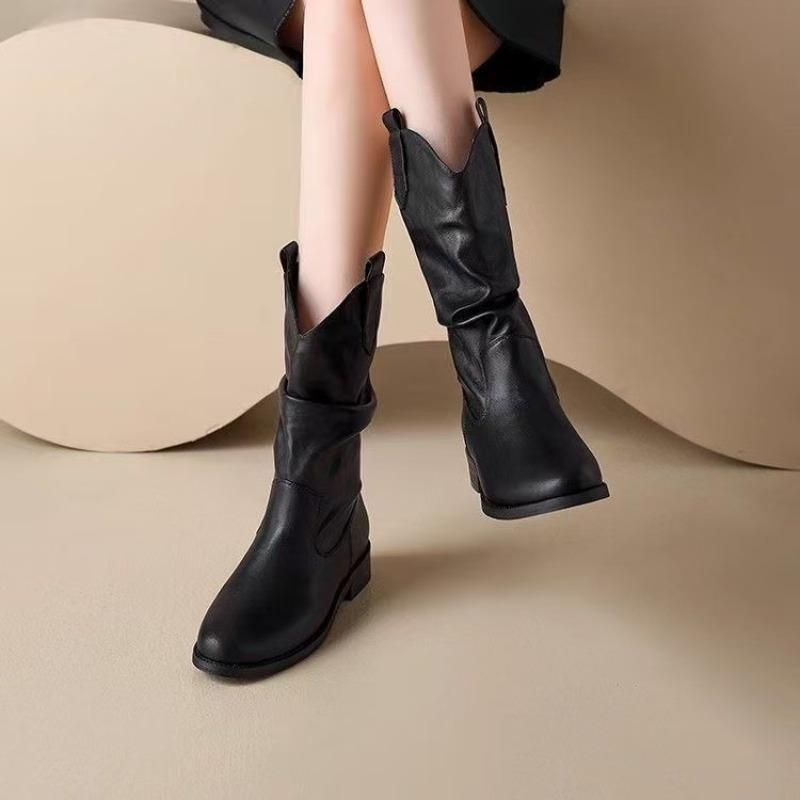 High Street Round Head Thick Heel Skinny Pleated Pile Boots Trendy Women's Autumn Western Cowboy Knight Boots Women's
